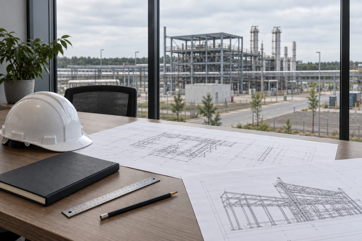 Conceptual engineering review desk overlooking an industrial site