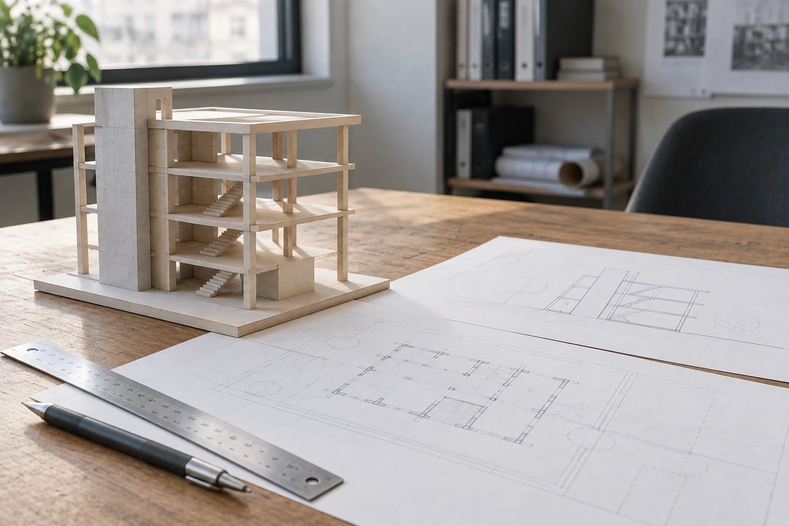 Conceptual civil engineering models and technical drawings
