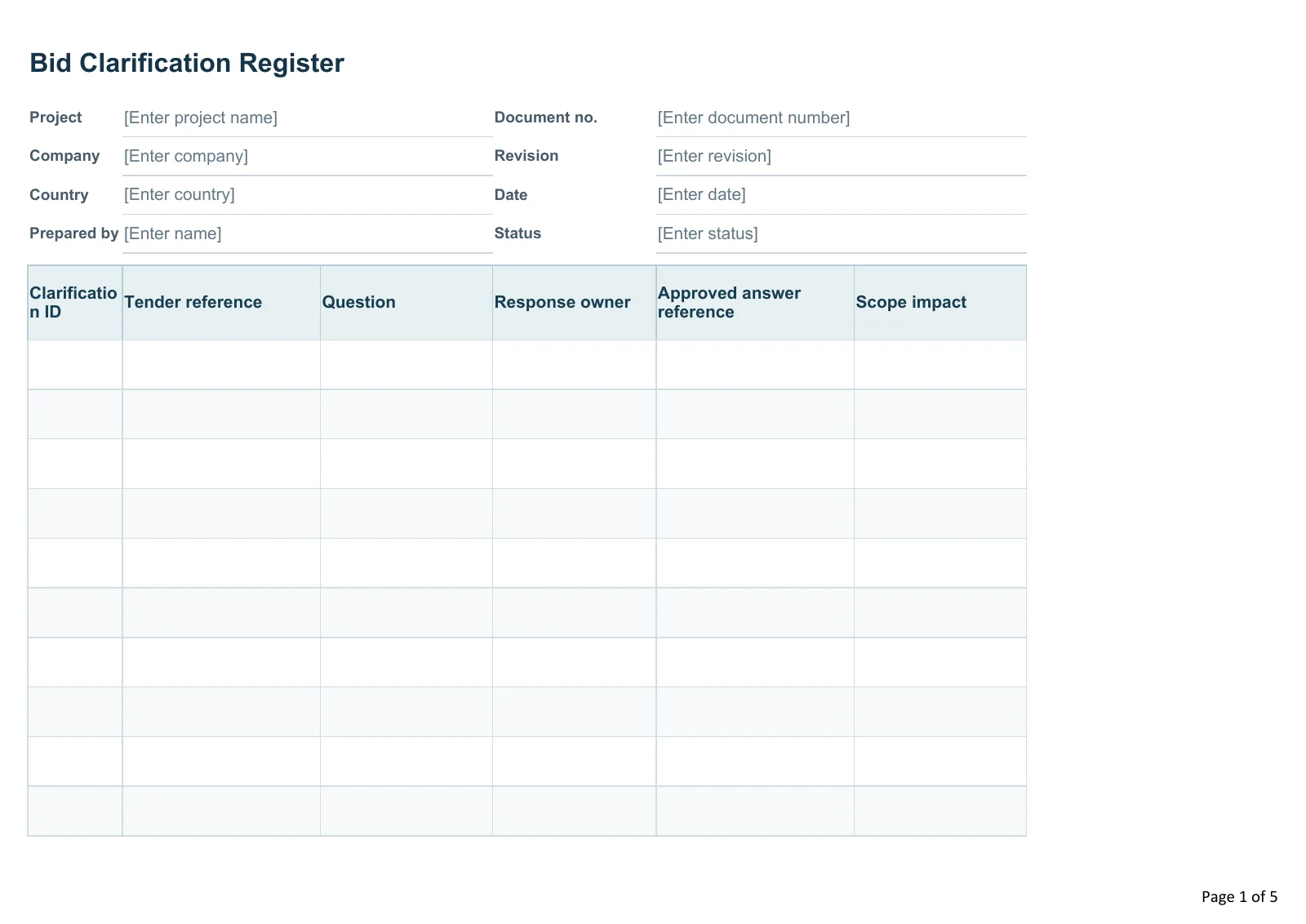 Bid Clarification Register · Document preview