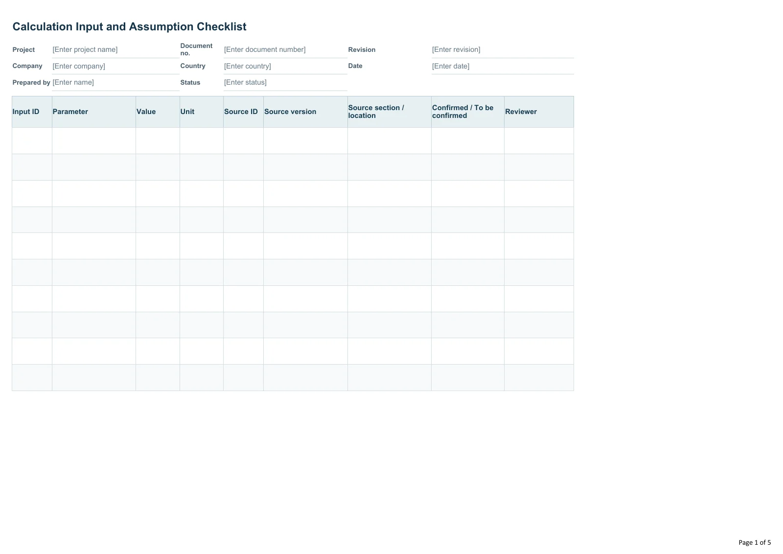 Calculation Input and Assumption Checklist · Document preview