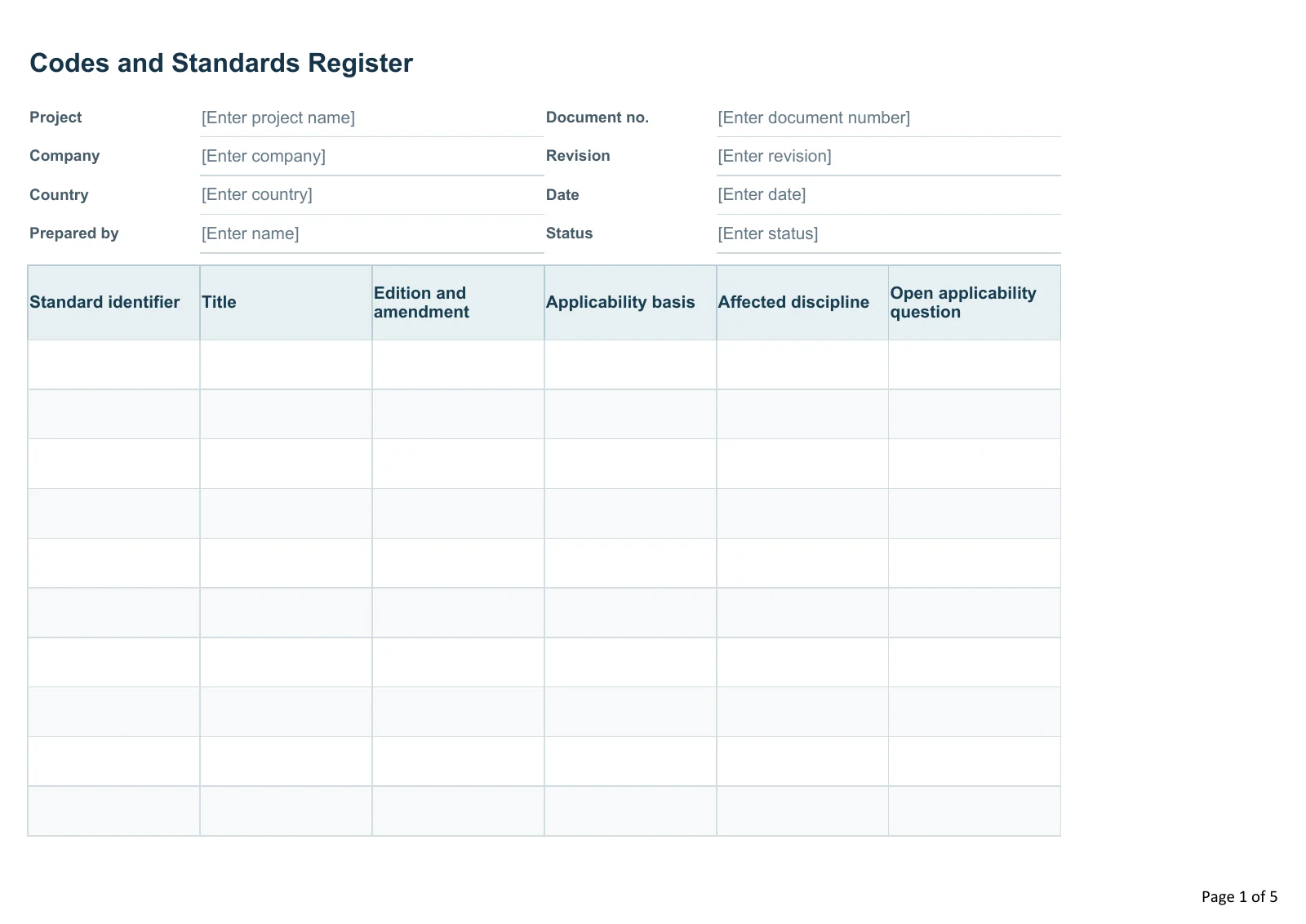Codes and Standards Register · Document preview