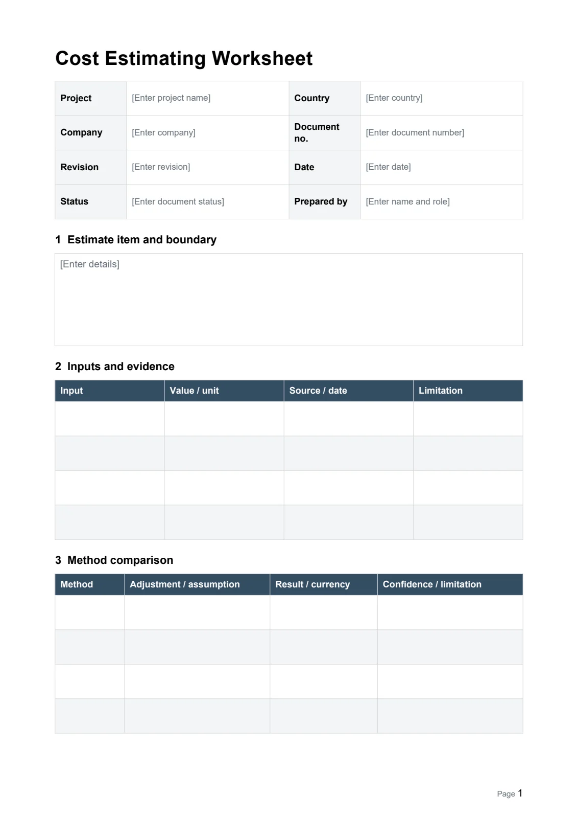 Cost Estimating Worksheet · Document preview