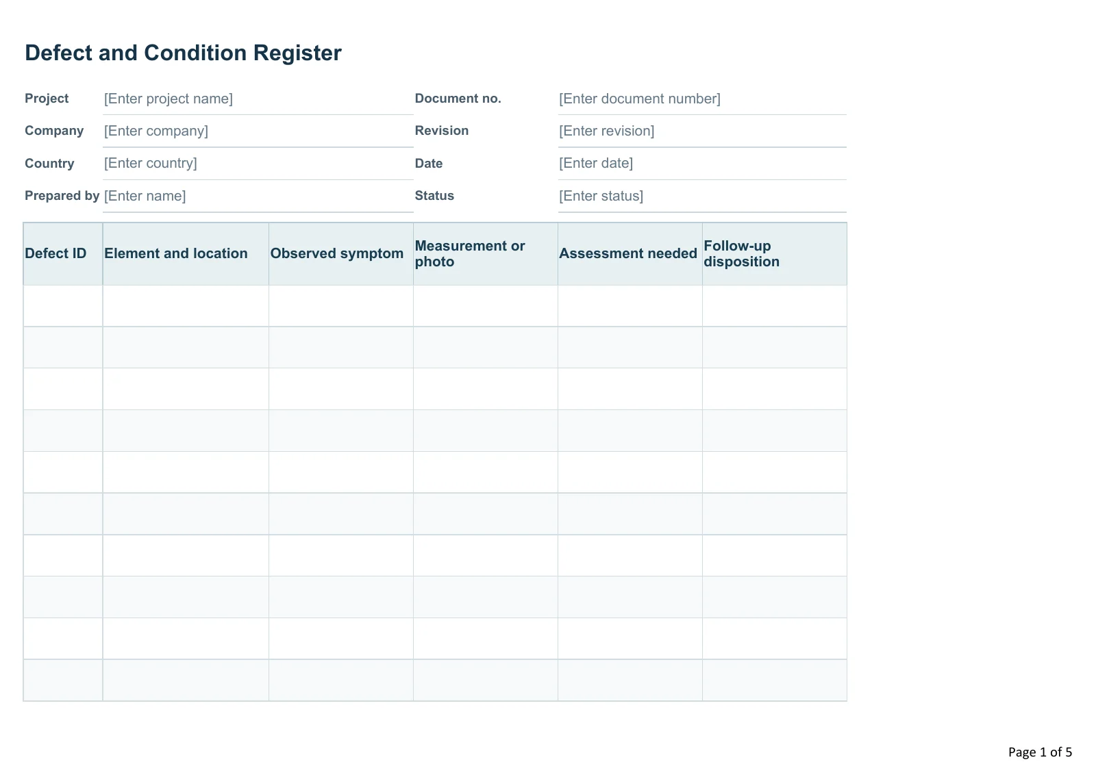 Defect and Condition Register · Document preview