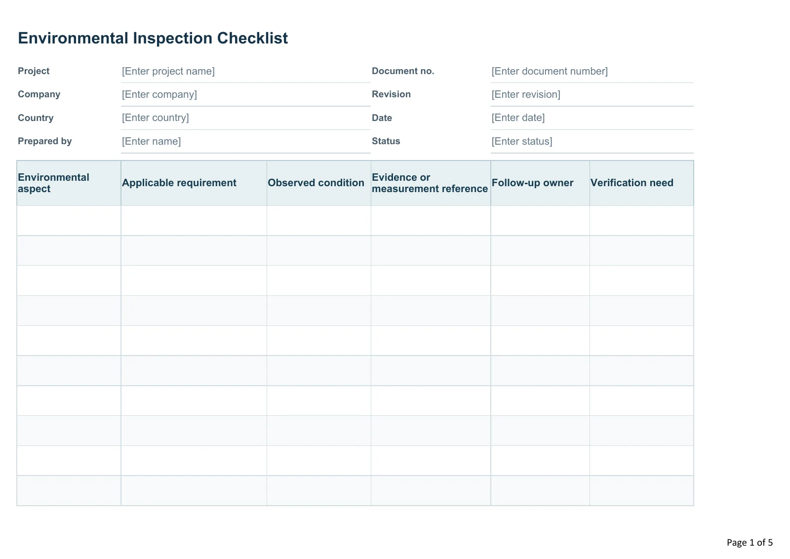 Environmental Inspection Checklist · Document preview