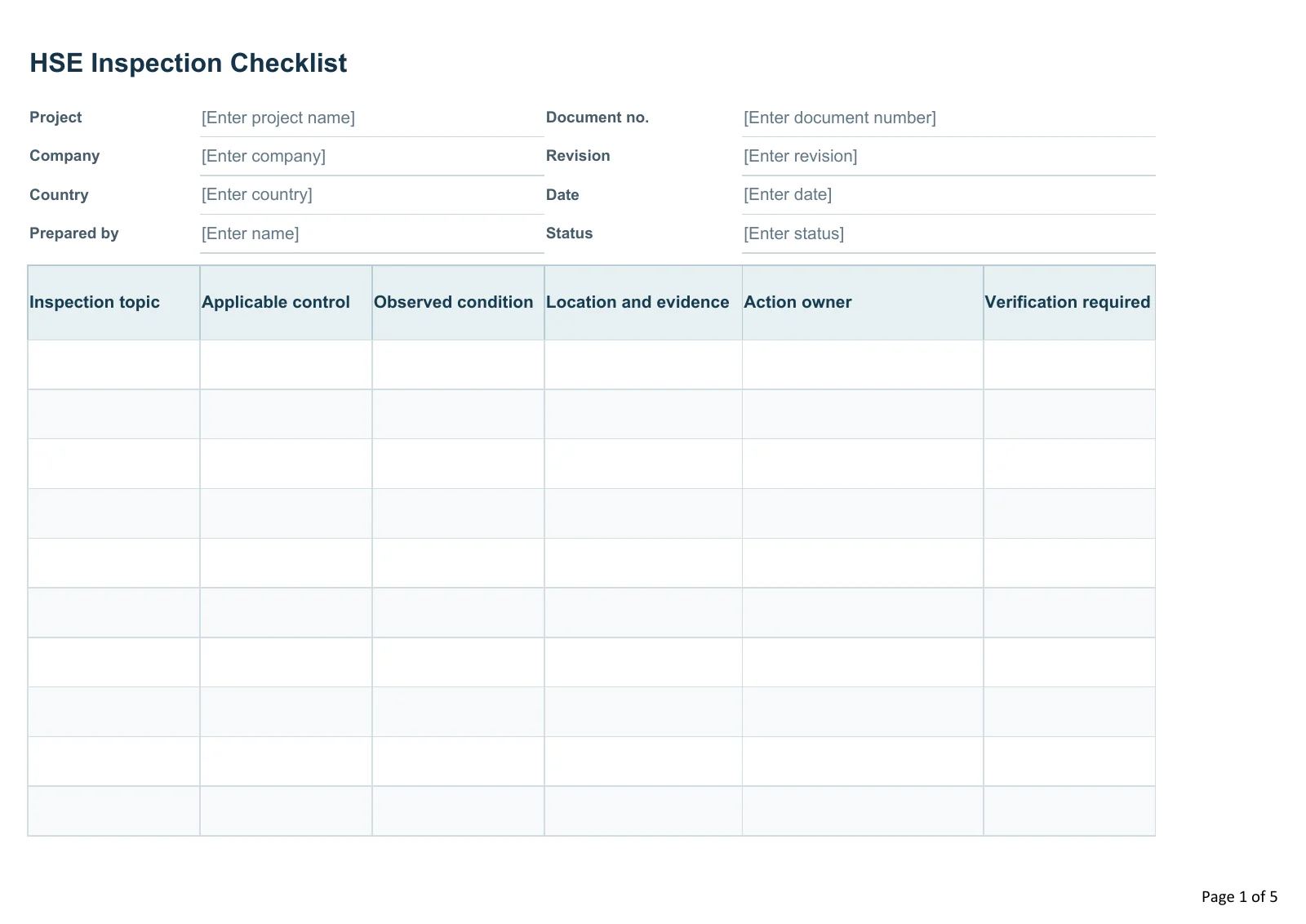 HSE Inspection Checklist · Document preview