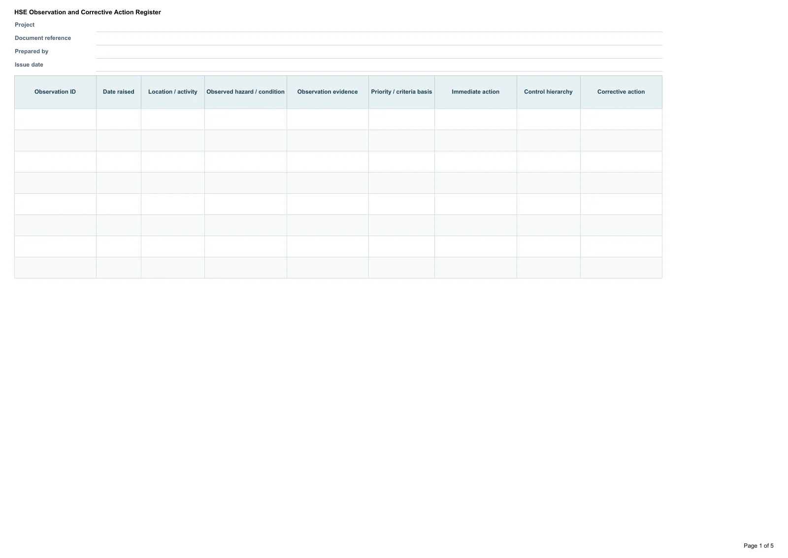HSE Observation and Corrective Action Register · Document preview
