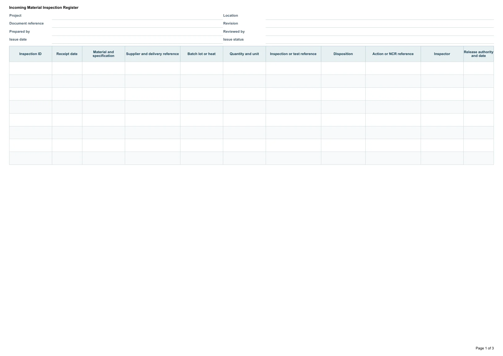 Incoming Material Inspection Register · Document preview