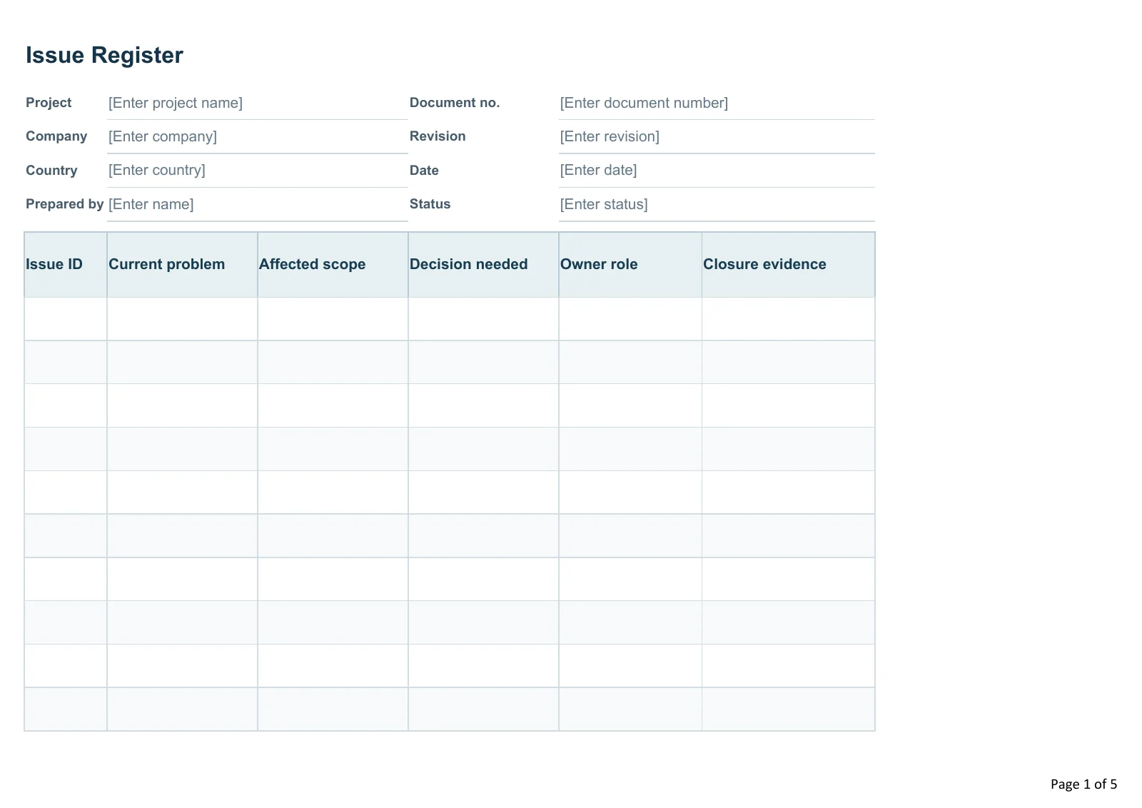 Issue Register · Document preview