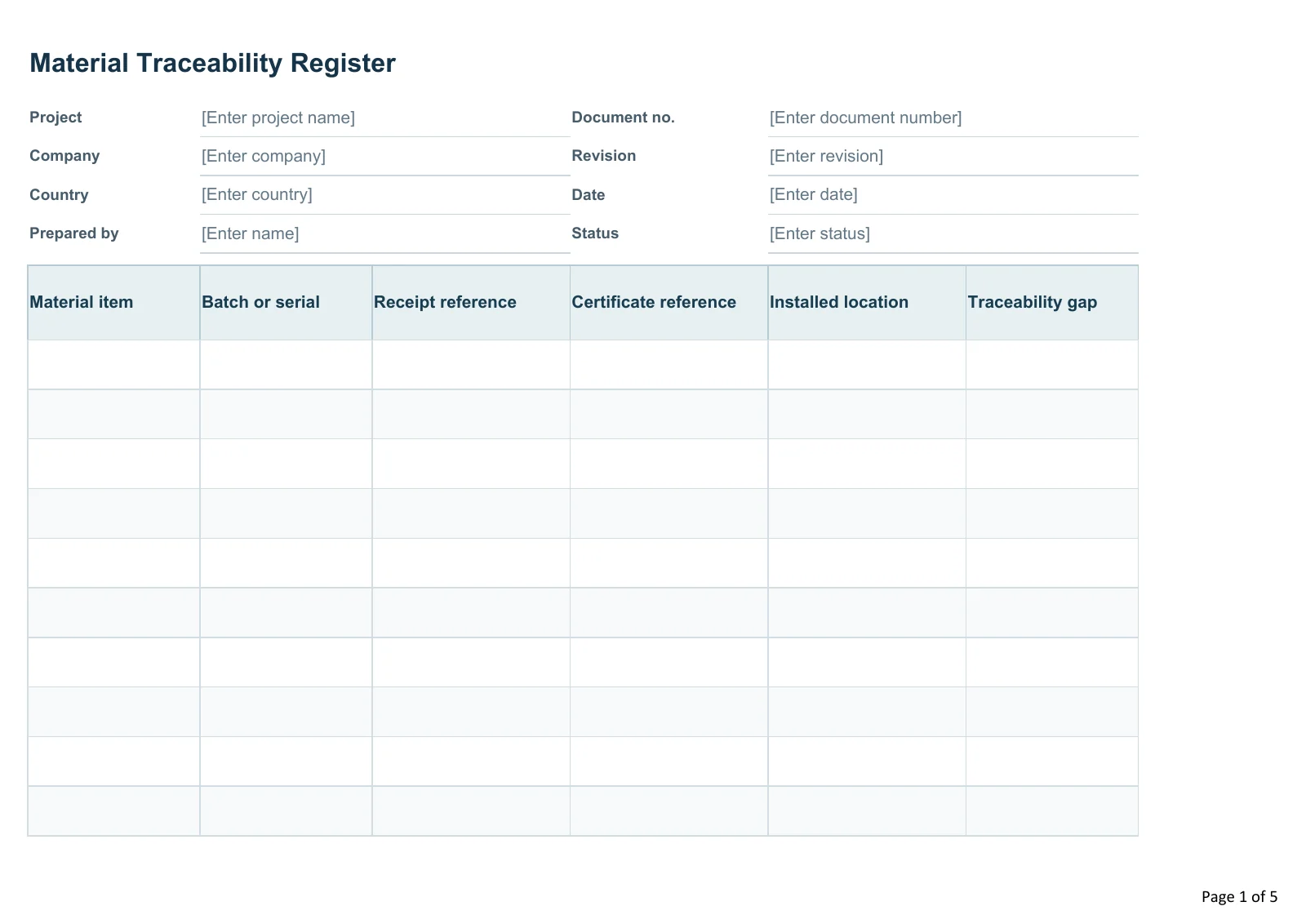 Material Traceability Register · Document preview