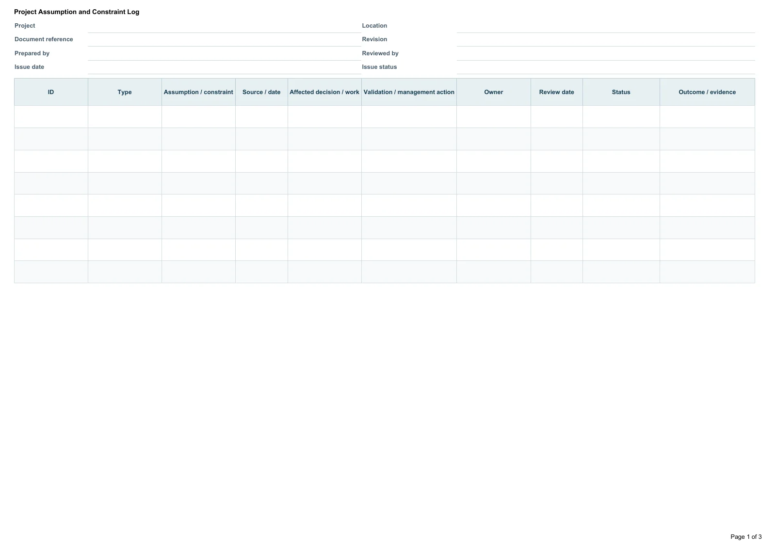 Project Assumption and Constraint Log · Document preview