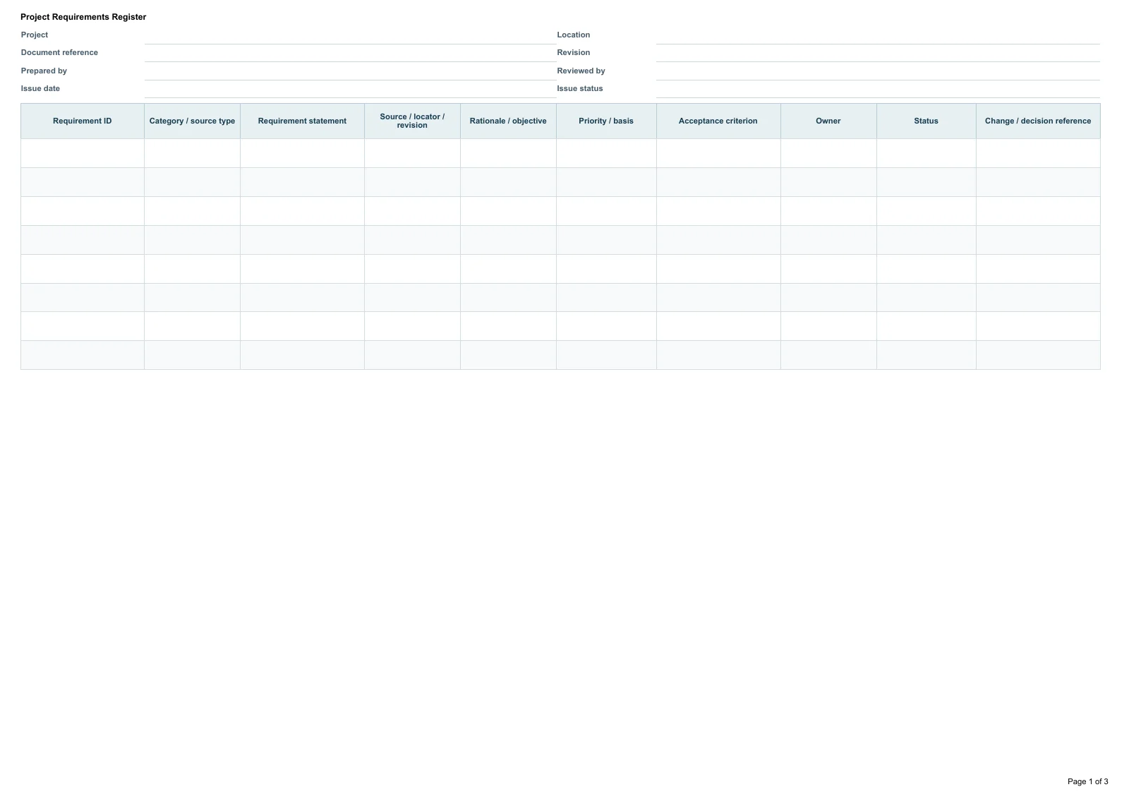 Project Requirements Register · Document preview