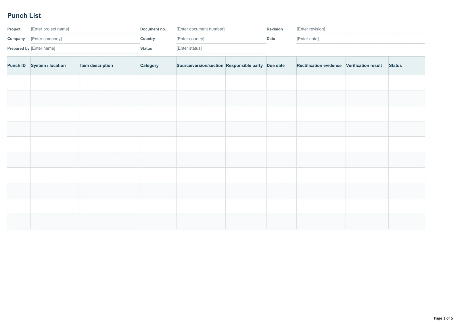 Punch List · Document preview