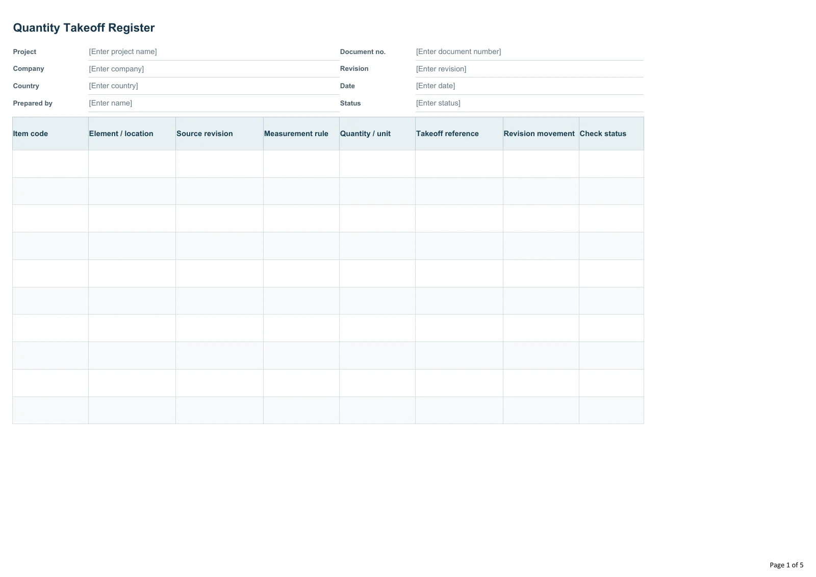 Quantity Takeoff Register · Document preview