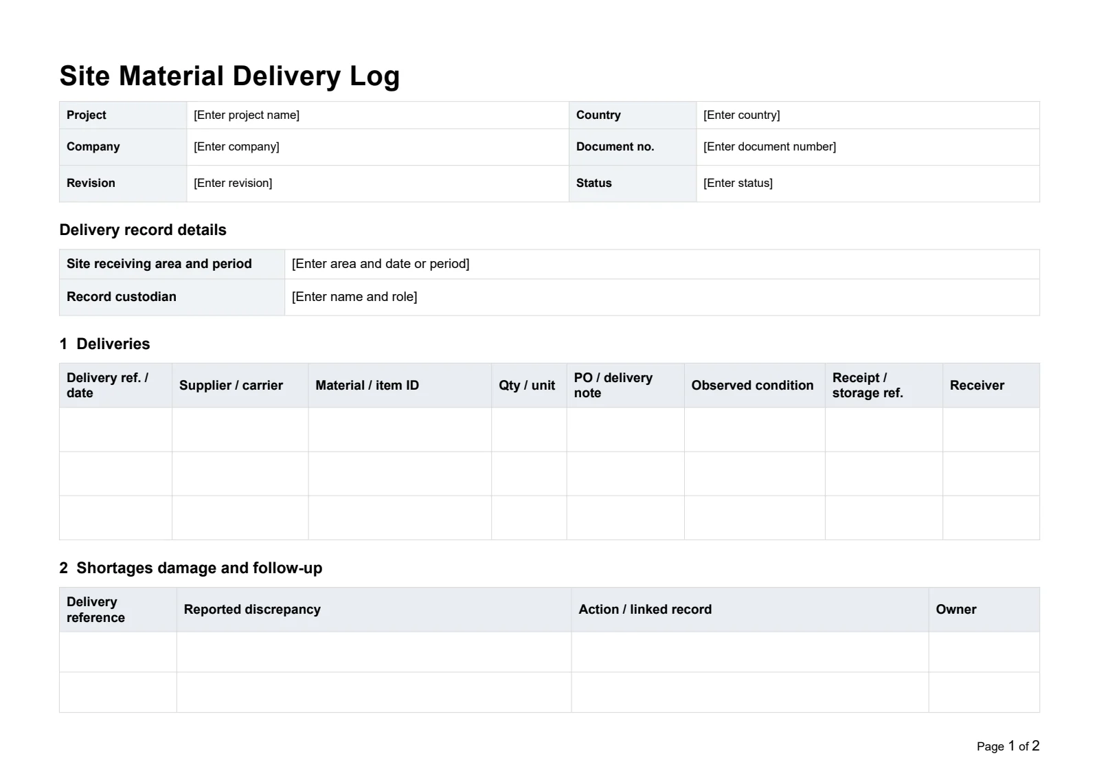 Site Material Delivery Log · Document preview