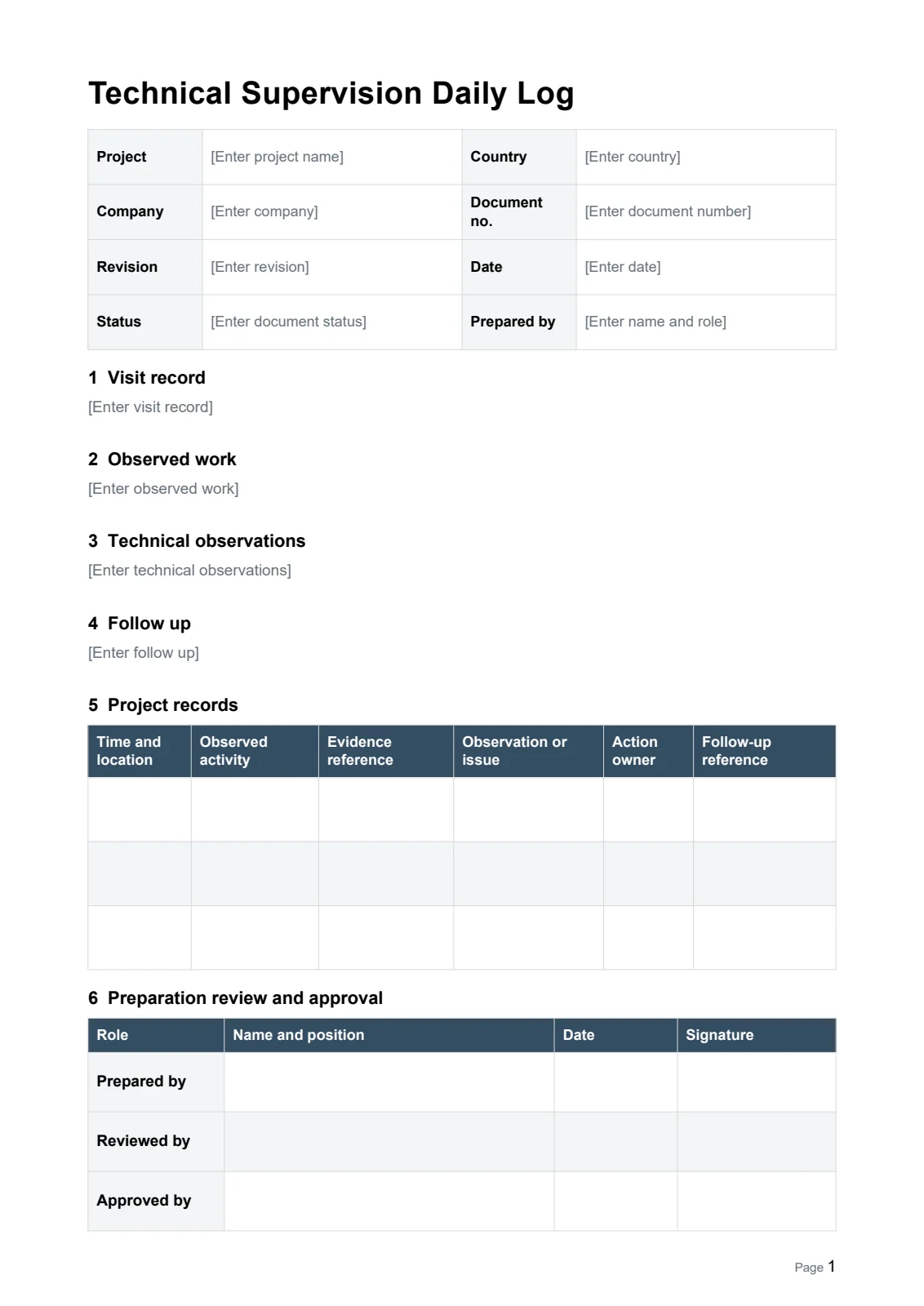 Technical Supervision Daily Log · Document preview