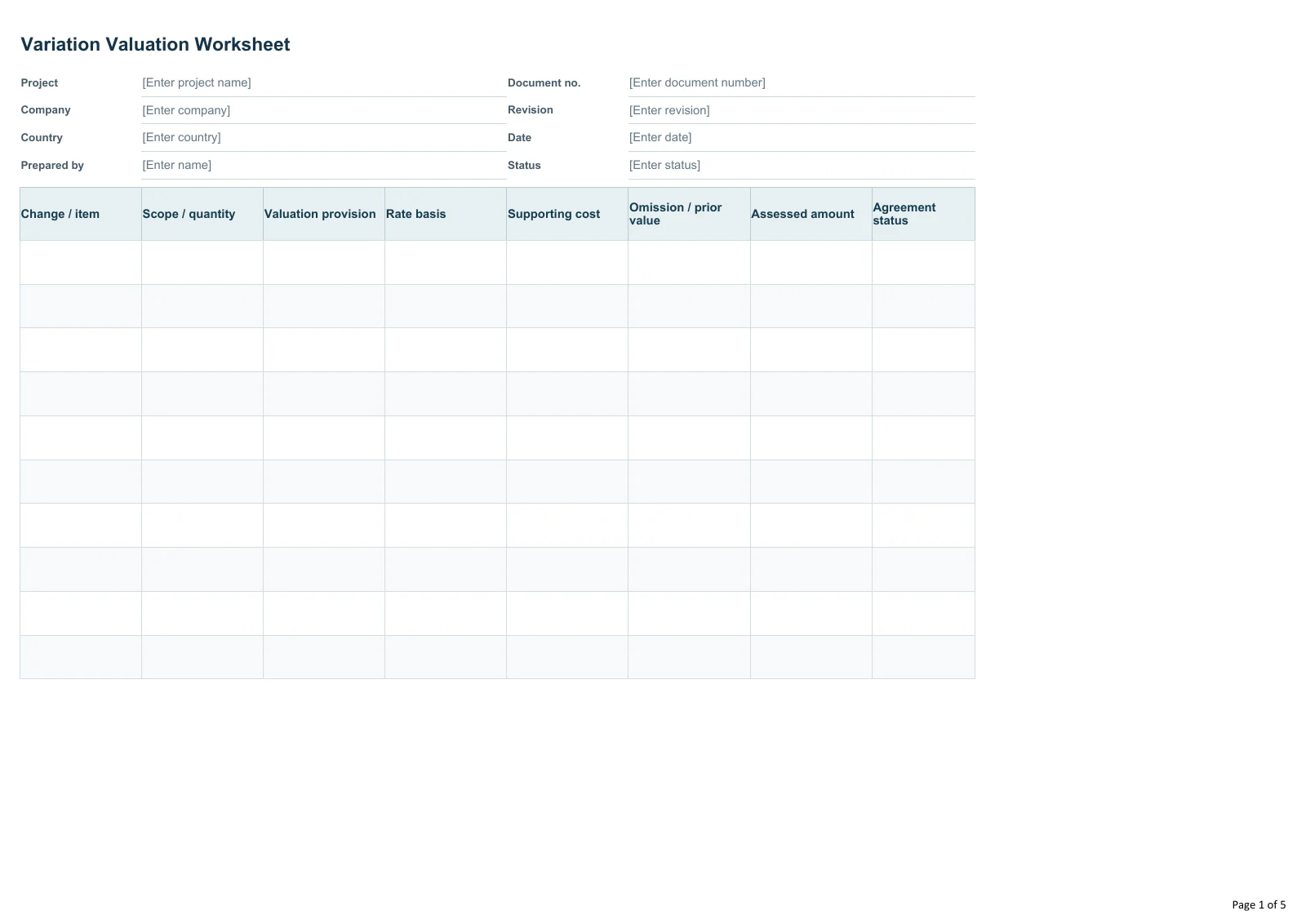 Variation Valuation Evidence Worksheet · Document preview