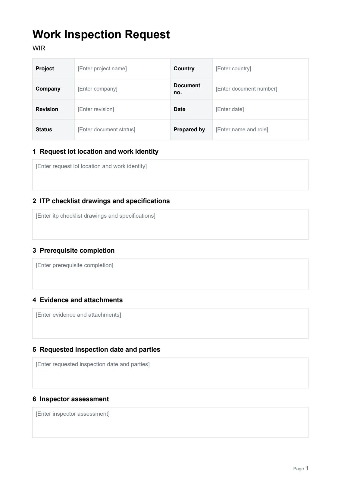 Work Inspection Request (WIR) · Document preview